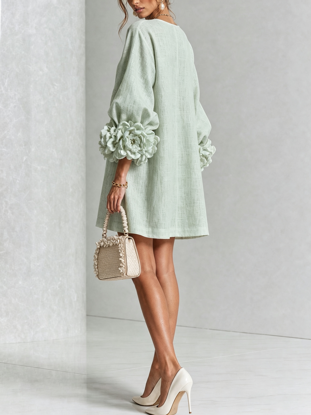 Delia | Mini Dress in Linen Blend with Bow Sleeves, Sage Green