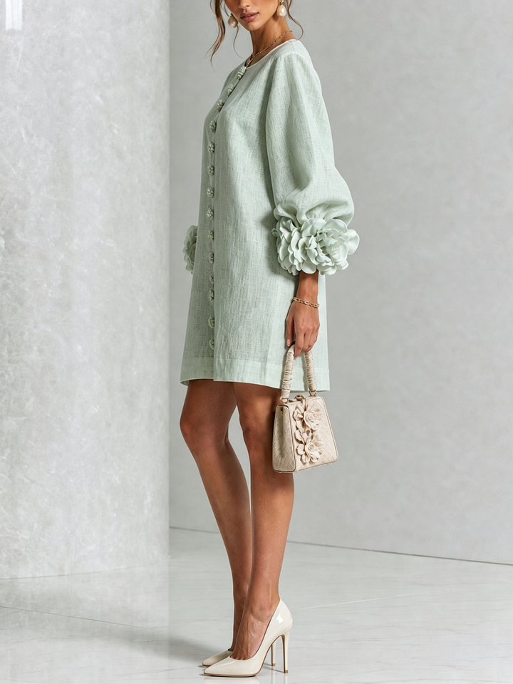 Delia | Mini Dress in Linen Blend with Bow Sleeves, Sage Green