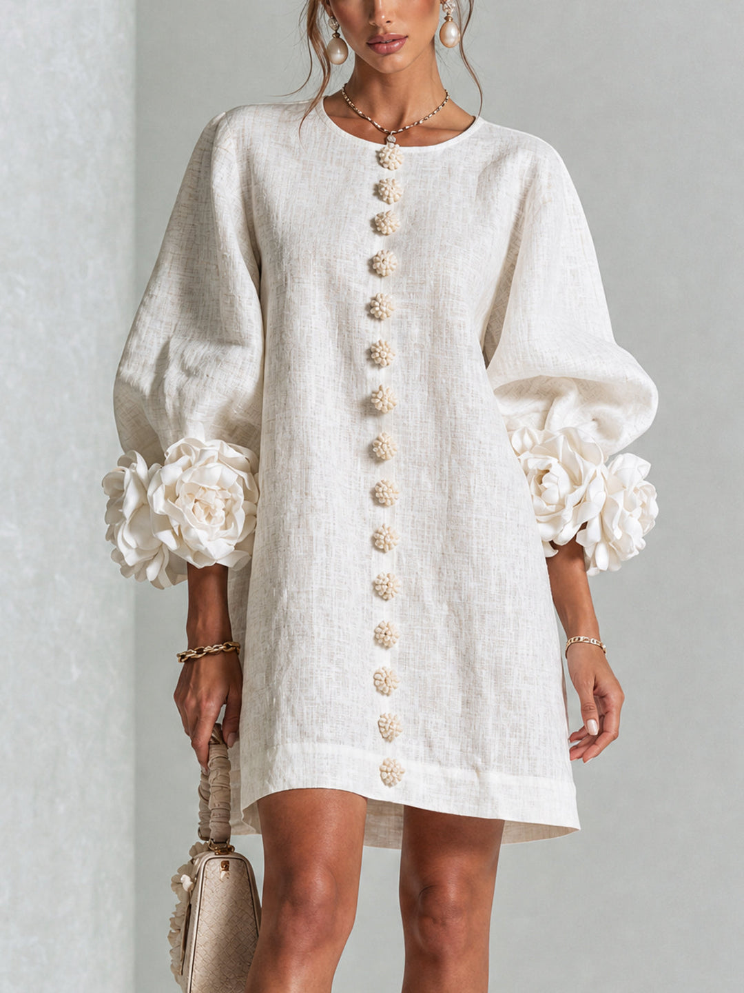 Chiara | Mini Dress in Linen Blend with Bow Sleeves, White