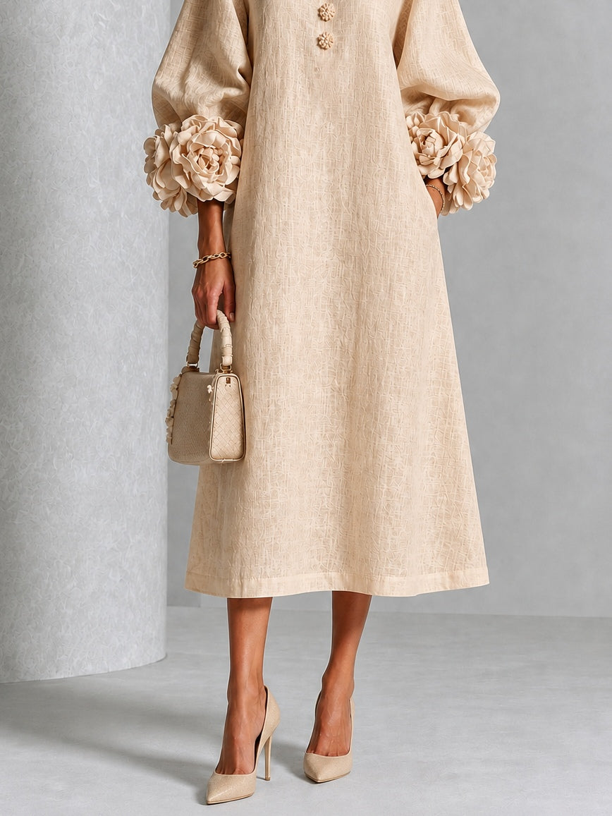 Capucine | Midi Dress with Puff Sleeves and Floral Buttons