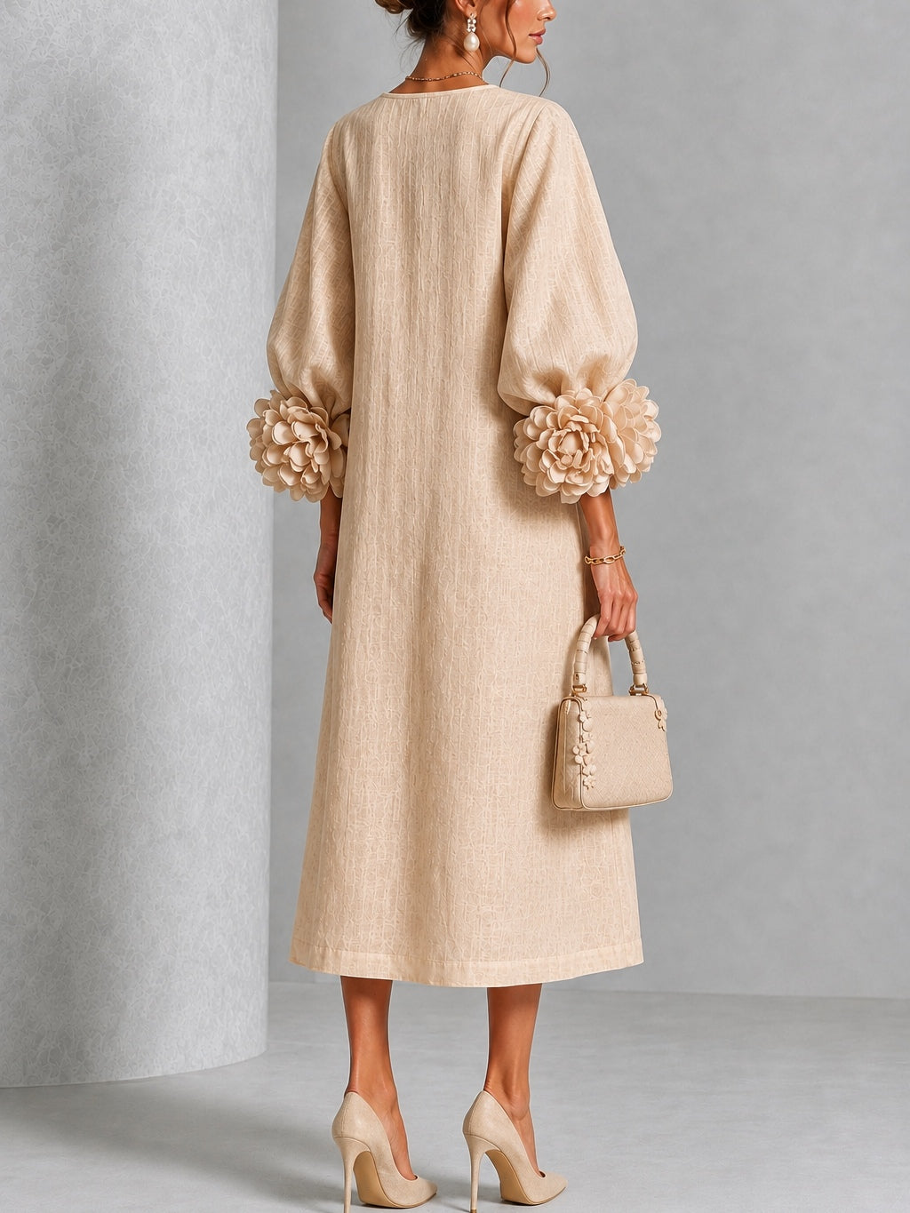 Capucine | Midi Dress with Puff Sleeves and Floral Buttons
