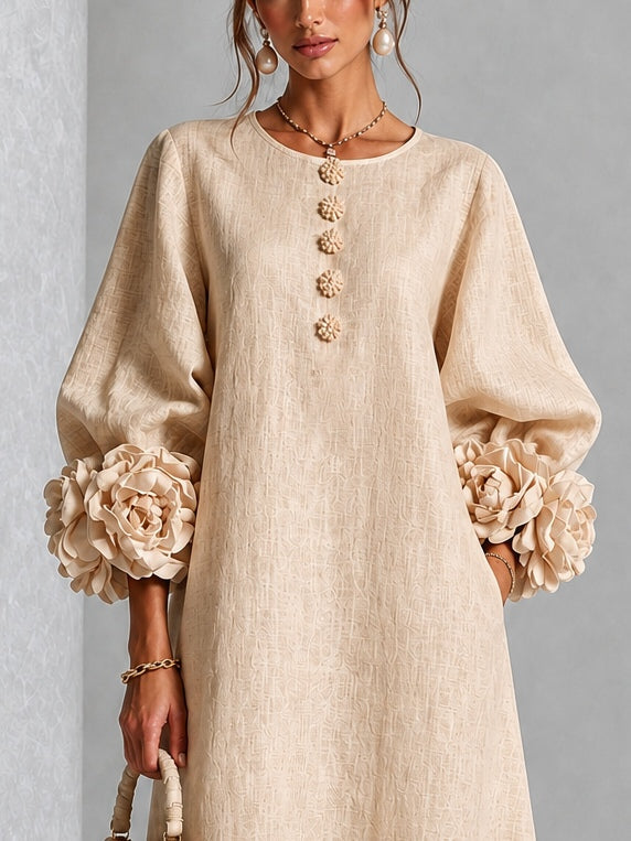 Capucine | Midi Dress with Puff Sleeves and Floral Buttons