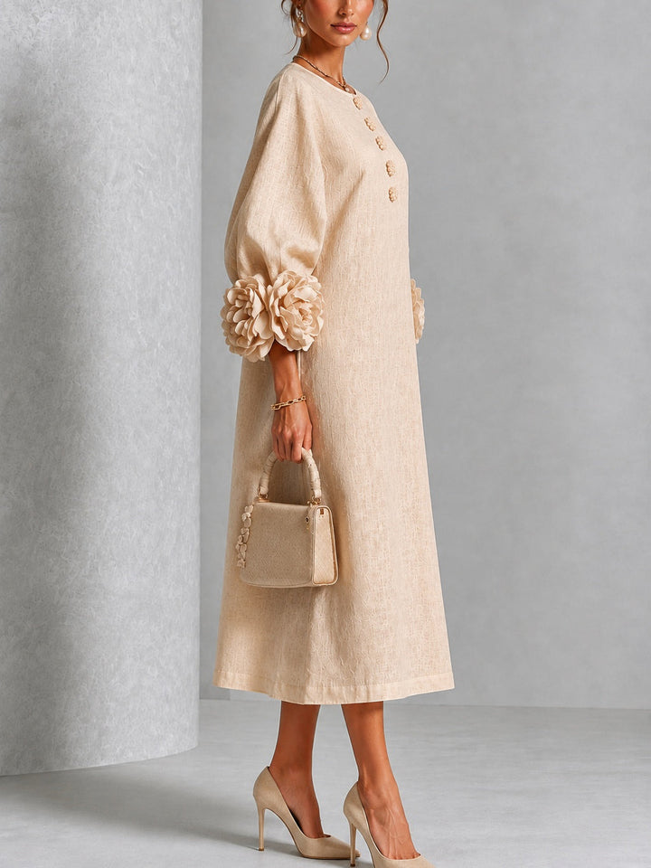 Capucine | Midi Dress with Puff Sleeves and Floral Buttons