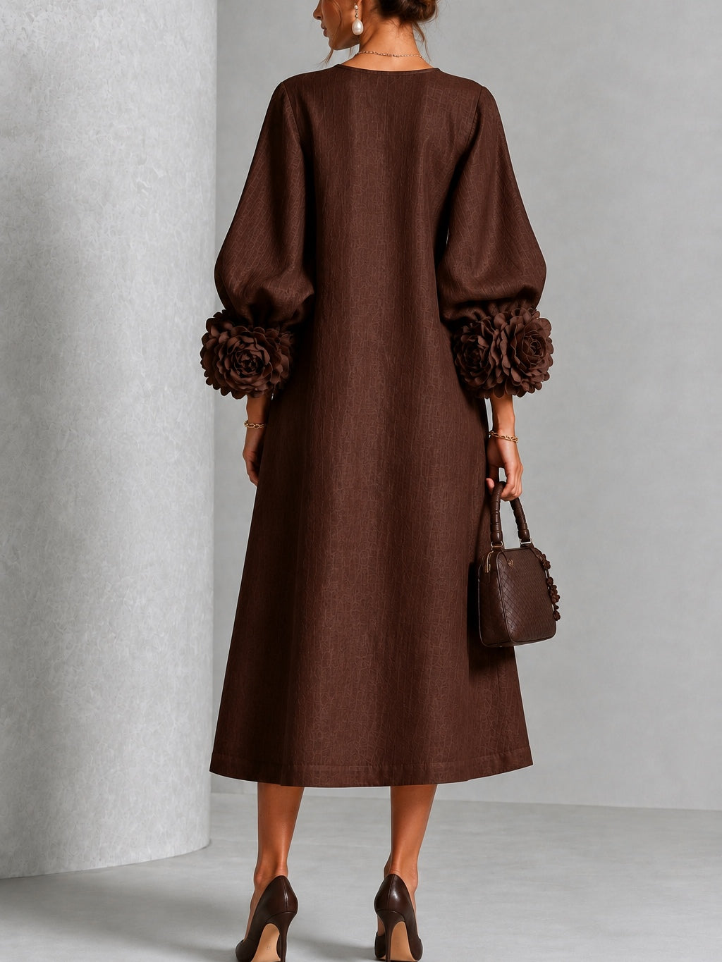 Capucine | Midi Dress with Puff Sleeves and Floral Buttons