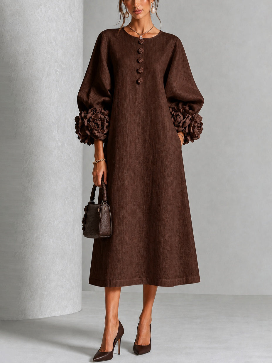 Capucine | Midi Dress with Puff Sleeves and Floral Buttons