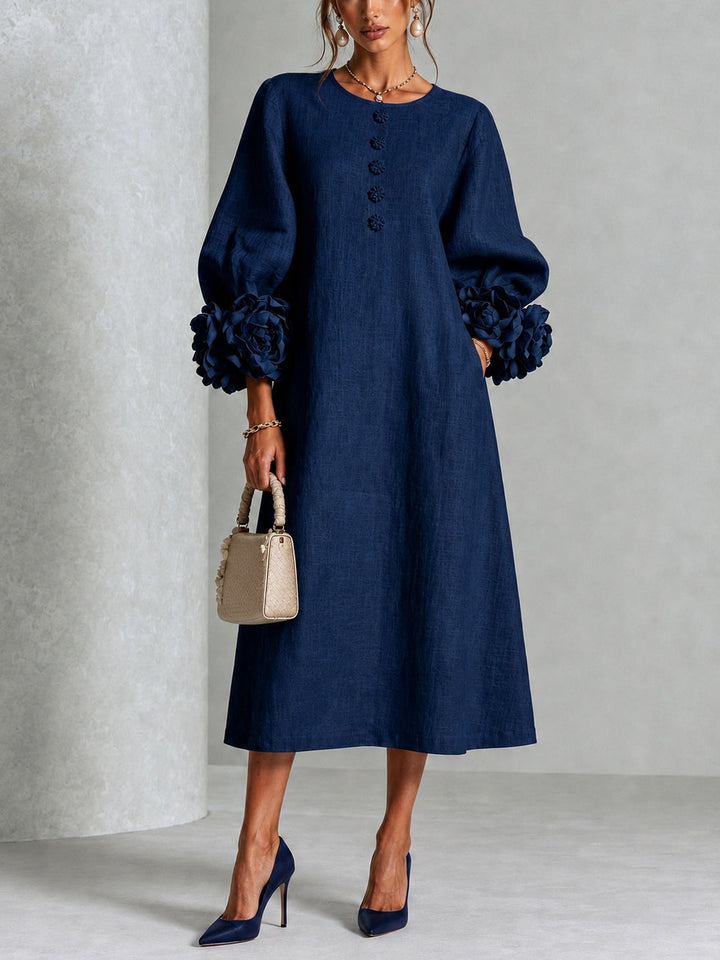 Capucine | Midi Dress with Puff Sleeves and Floral Buttons