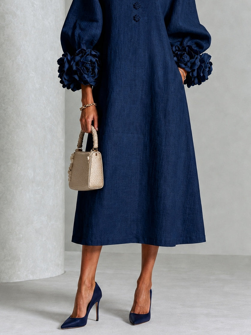 Capucine | Midi Dress with Puff Sleeves and Floral Buttons