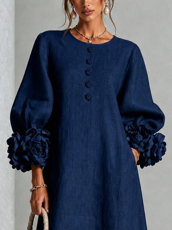 Capucine | Midi Dress with Puff Sleeves and Floral Buttons