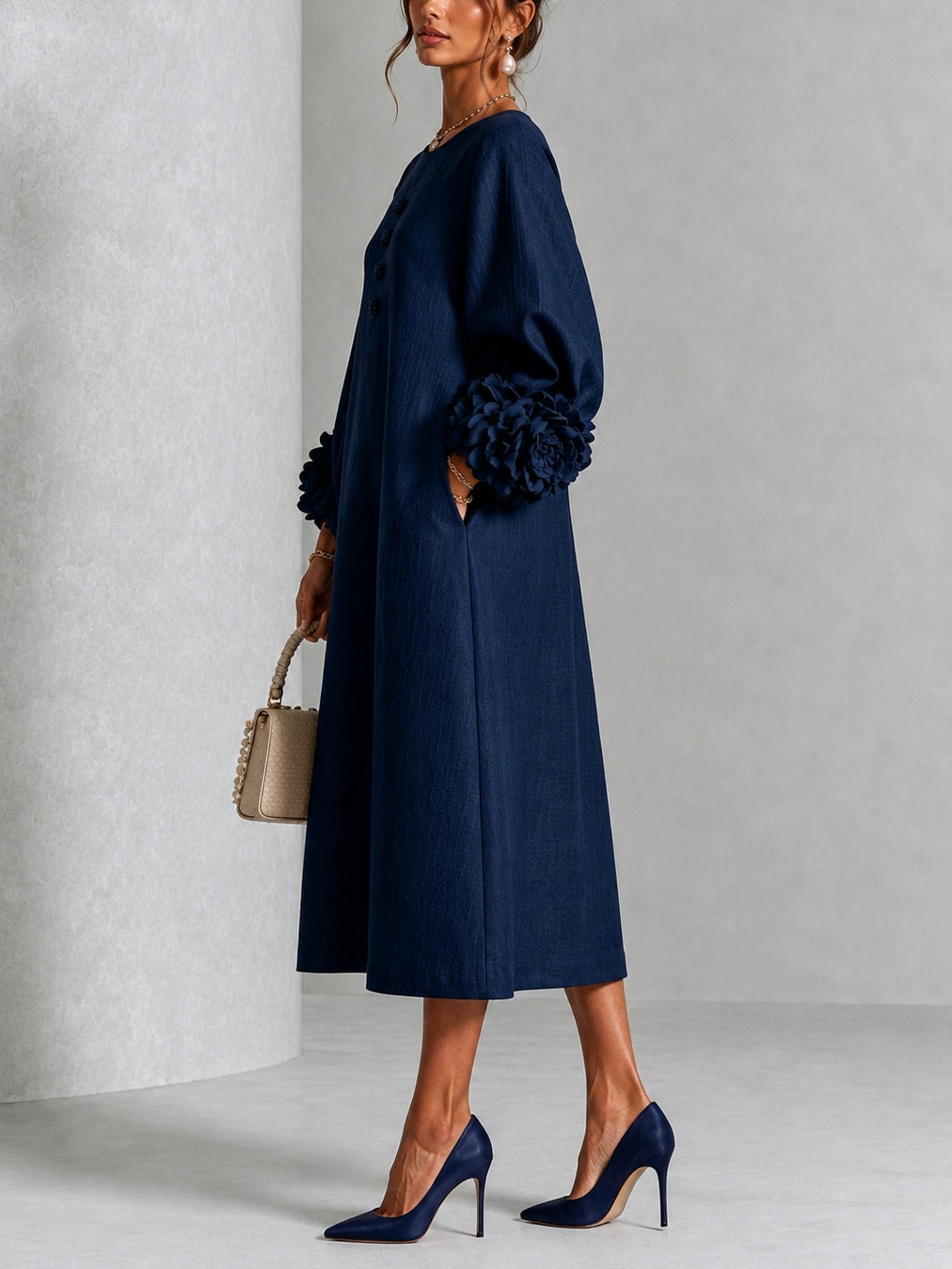 Capucine | Midi Dress with Puff Sleeves and Floral Buttons