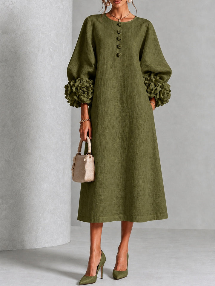 Capucine | Midi Dress with Puff Sleeves and Floral Buttons