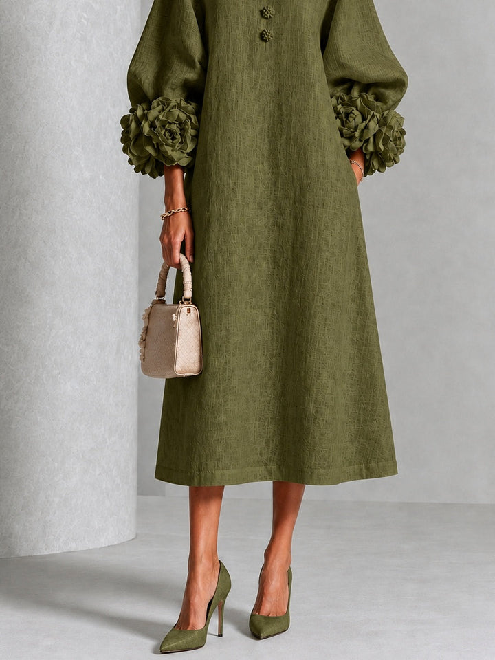 Capucine | Midi Dress with Puff Sleeves and Floral Buttons