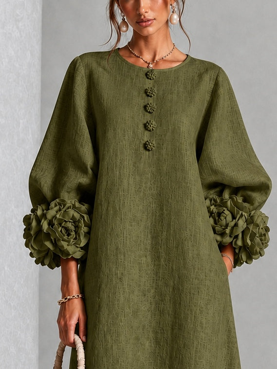 Capucine | Midi Dress with Puff Sleeves and Floral Buttons