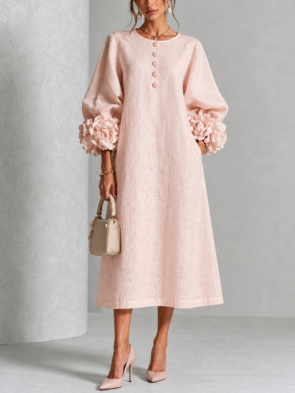 Capucine | Midi Dress with Puff Sleeves and Floral Buttons
