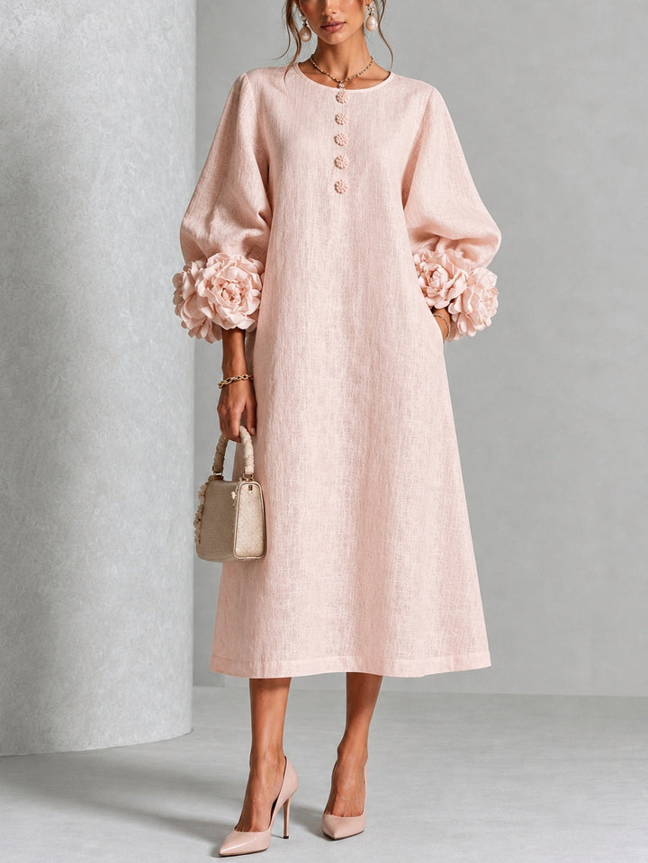 Capucine | Midi Dress with Puff Sleeves and Floral Buttons