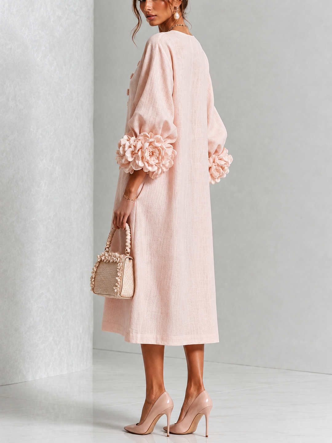 Capucine | Midi Dress with Puff Sleeves and Floral Buttons