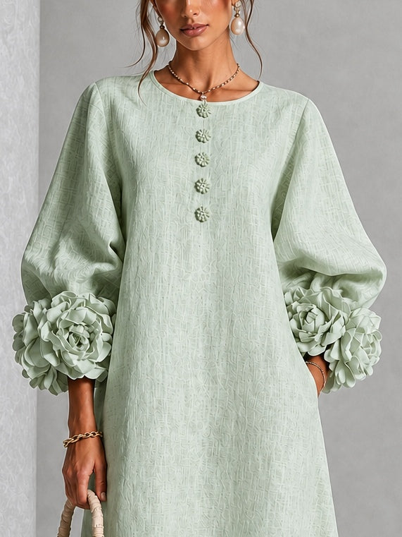 Capucine | Midi Dress with Puff Sleeves and Floral Buttons