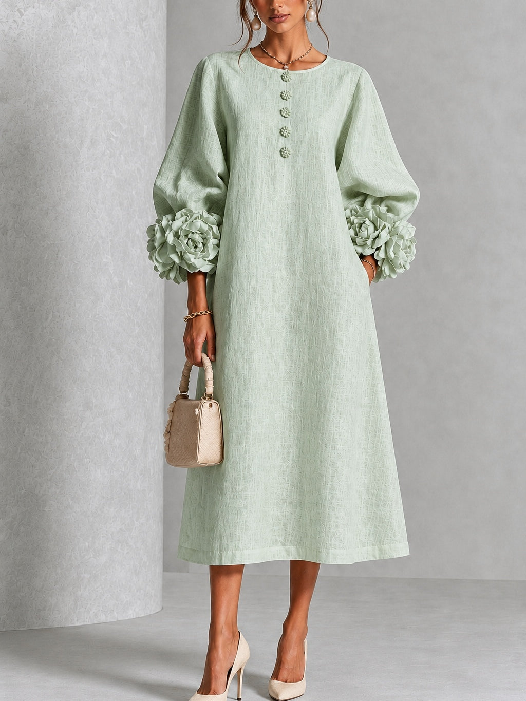 Capucine | Midi Dress with Puff Sleeves and Floral Buttons