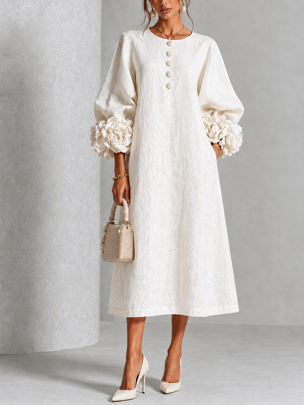 Capucine | Midi Dress with Puff Sleeves and Floral Buttons
