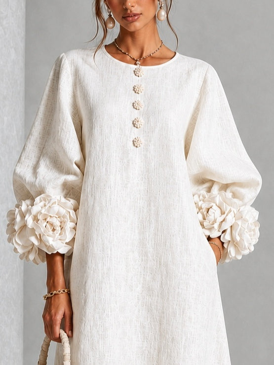 Capucine | Midi Dress with Puff Sleeves and Floral Buttons