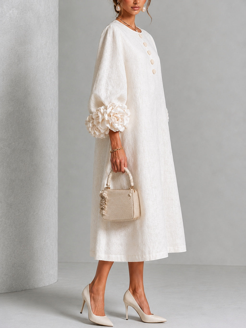 Capucine | Midi Dress with Puff Sleeves and Floral Buttons