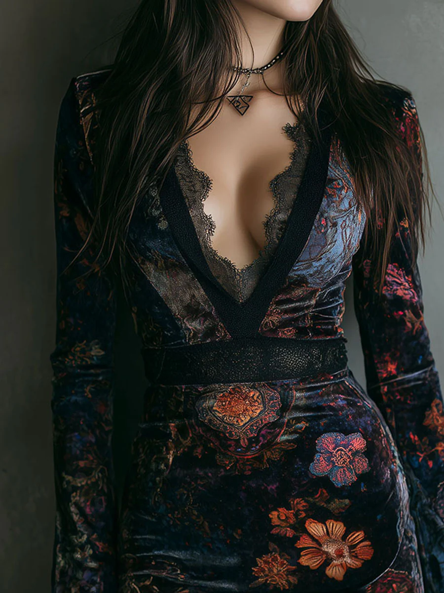 Florina | Floral Print V-Neck Velvet Lace Trim Slim-Fit Mini Dress