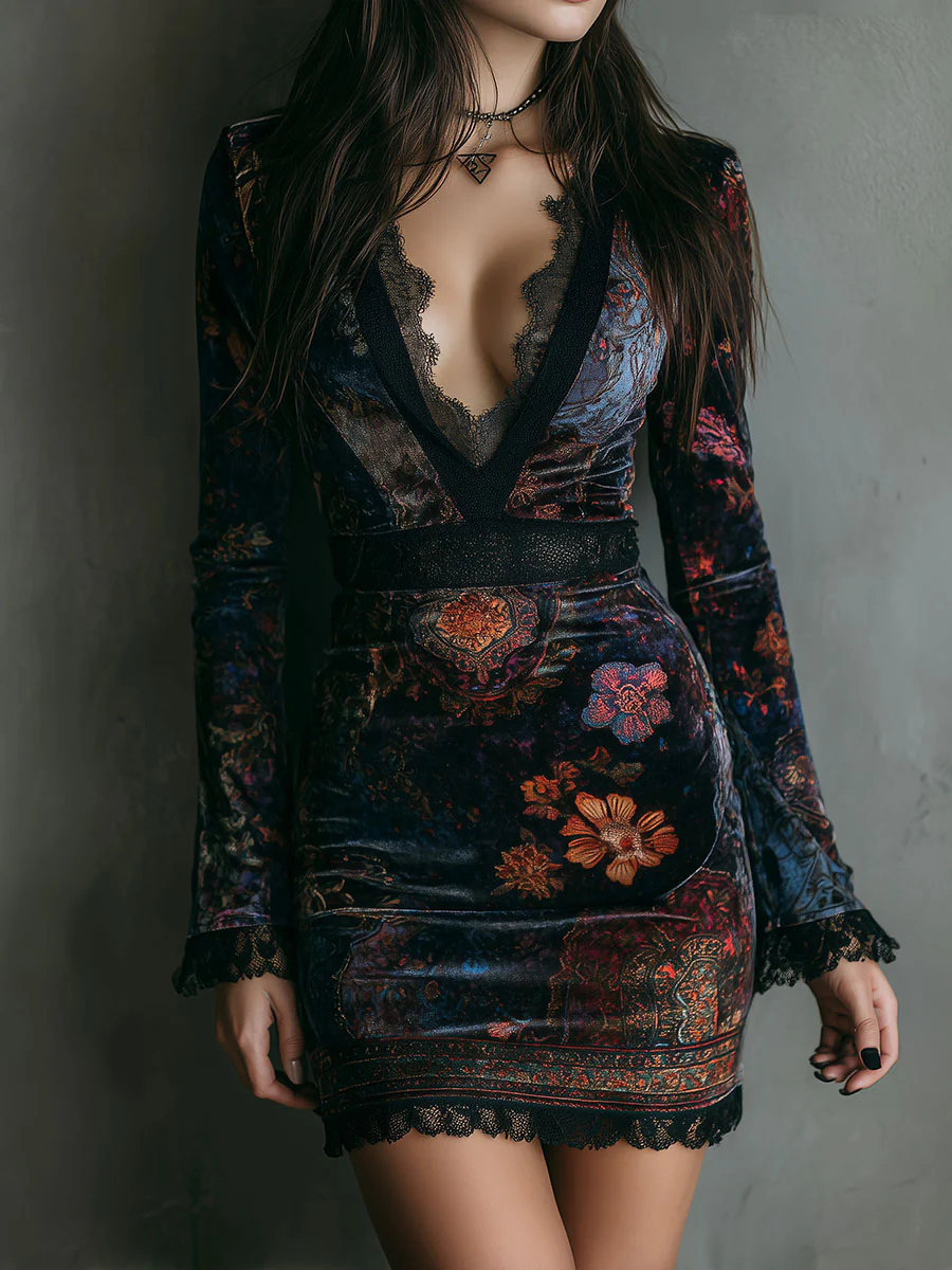 Florina | Floral Print V-Neck Velvet Lace Trim Slim-Fit Mini Dress