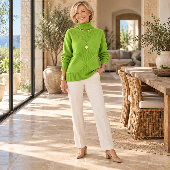 Angela Turtleneck Sweater in Green, worn by a mature blonde woman in a Mediterranean home