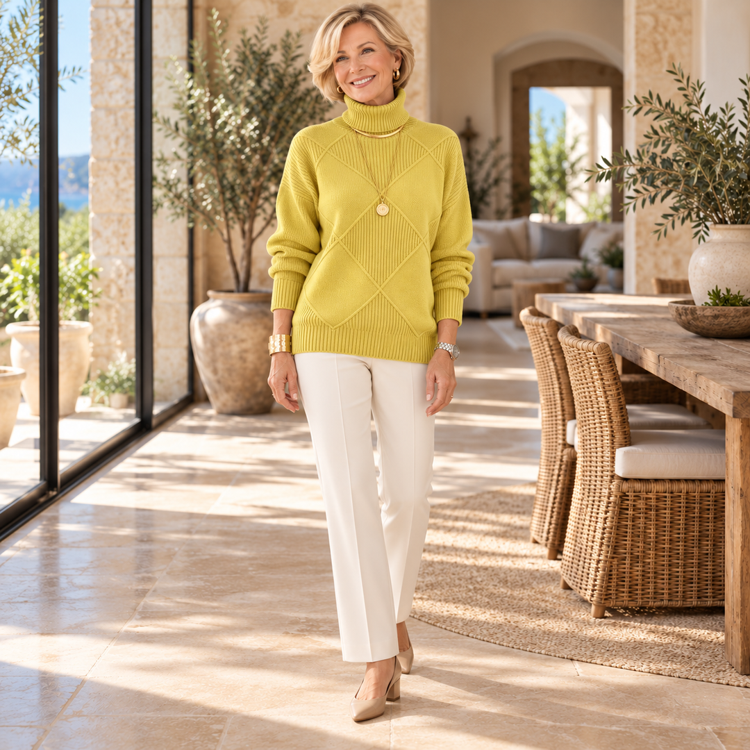 Angela Turtleneck Sweater in Yellow, worn by a mature blonde woman in a Mediterranean home