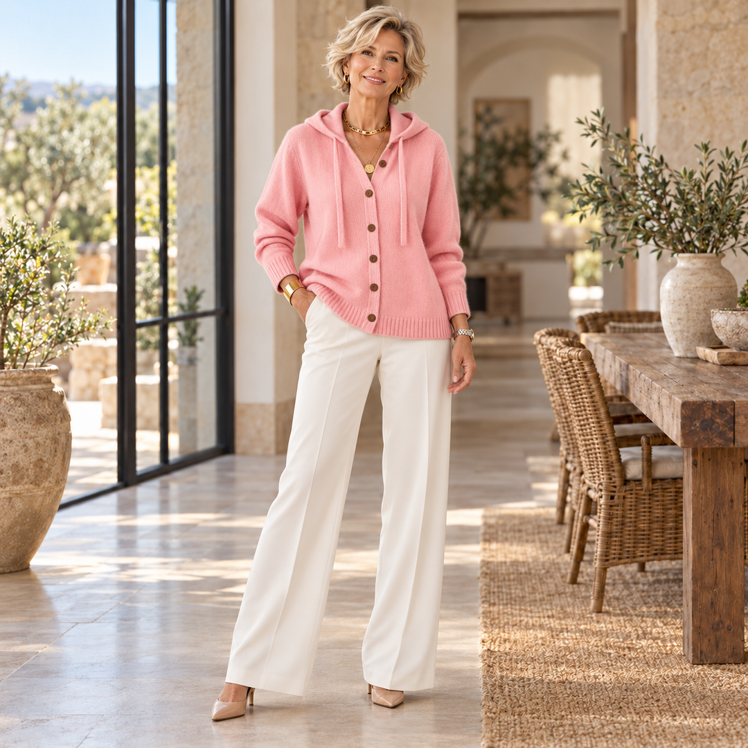 Brenda™ | Cozy Button Cardigan Hoodie worn by a mature blonde woman in a sunlit Mediterranean home