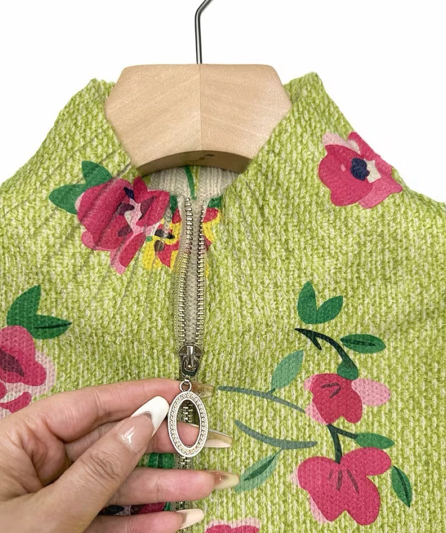 Margot | Pink Floral Lime Zip Cardigan