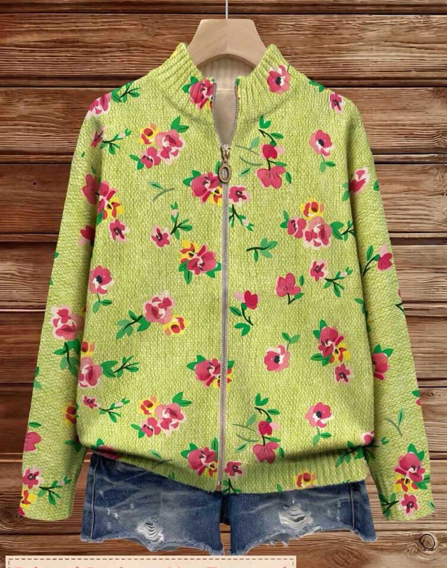 Margot | Pink Floral Lime Zip Cardigan