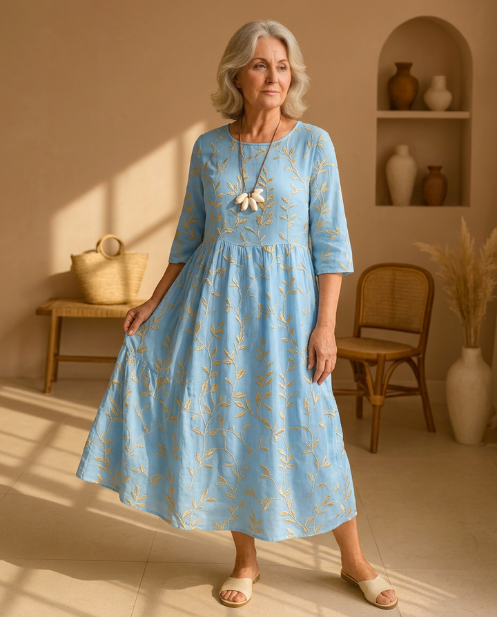 Natalie | Plant & Flower Print Round Neck Midi Dress