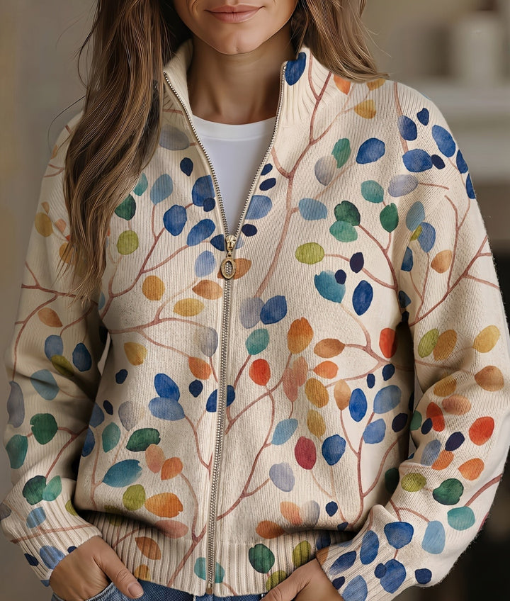 Delphine | Botanical Leaf Print Zip Cardigan