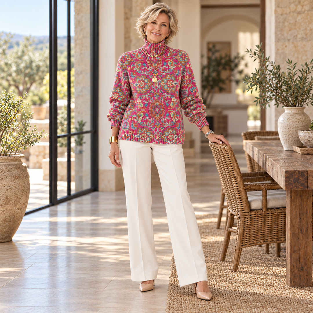 Isla | Retro Floral Turtleneck Knit Sweater worn by a mature blonde woman in a Mediterranean home