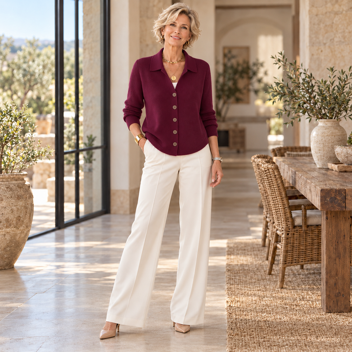 Josephine™ | Button-Front Collared Cardigan worn by a mature blonde woman in a sunlit Mediterranean home