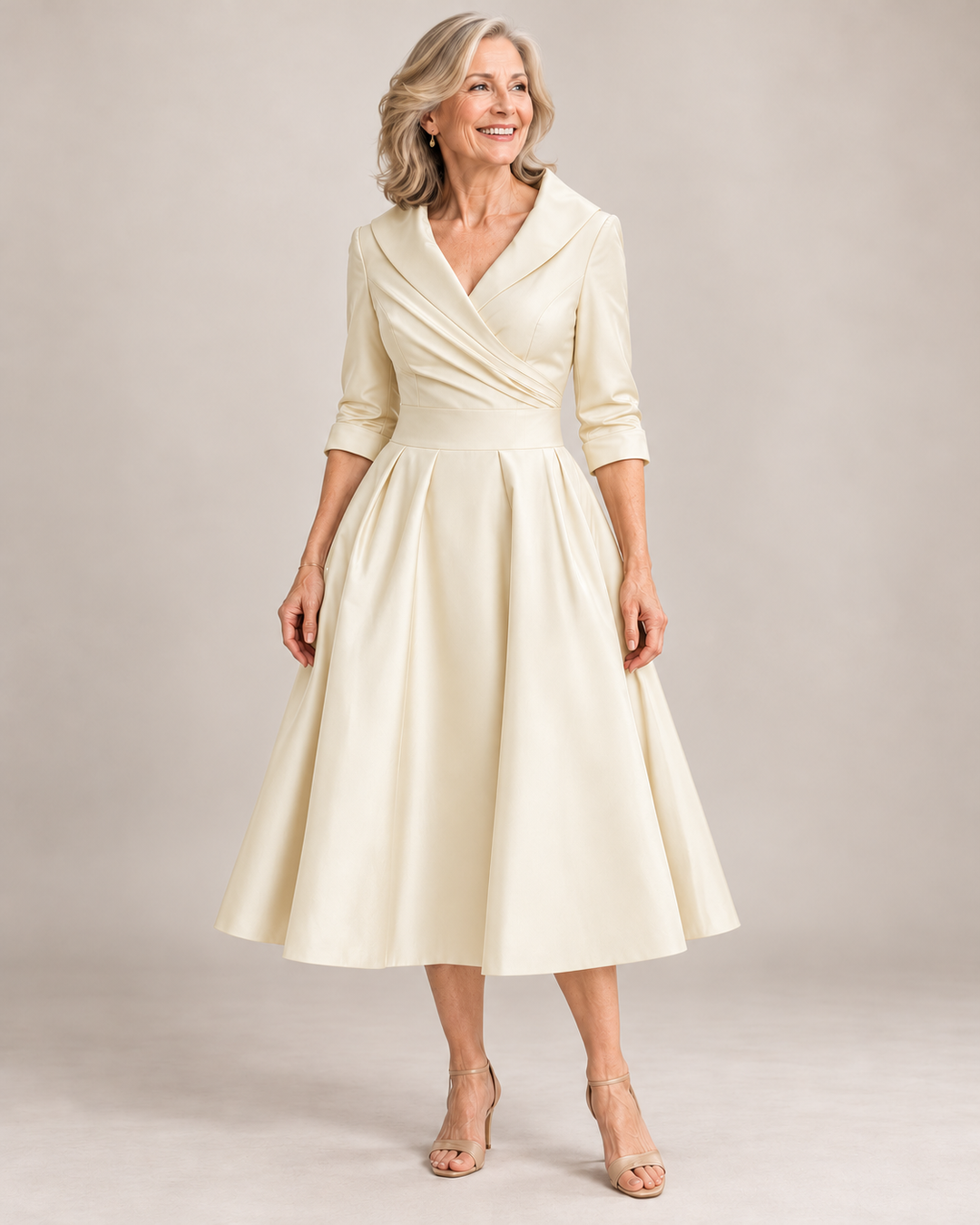 Karen Elegant Satin Dress in Beige – full-length studio photograph