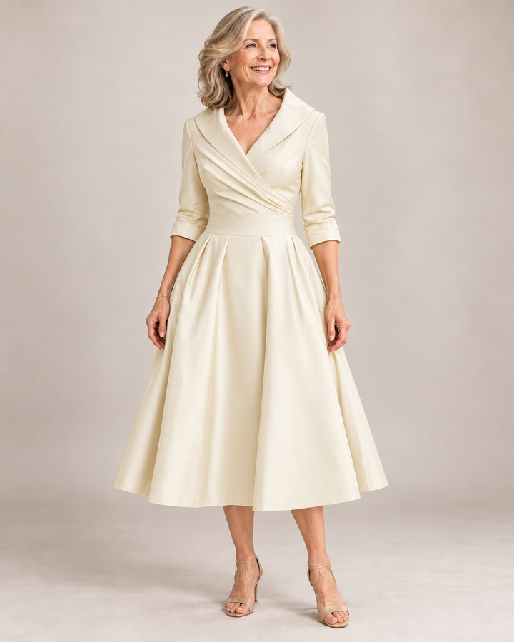Karen Elegant Satin Dress in Beige – full-length studio photograph