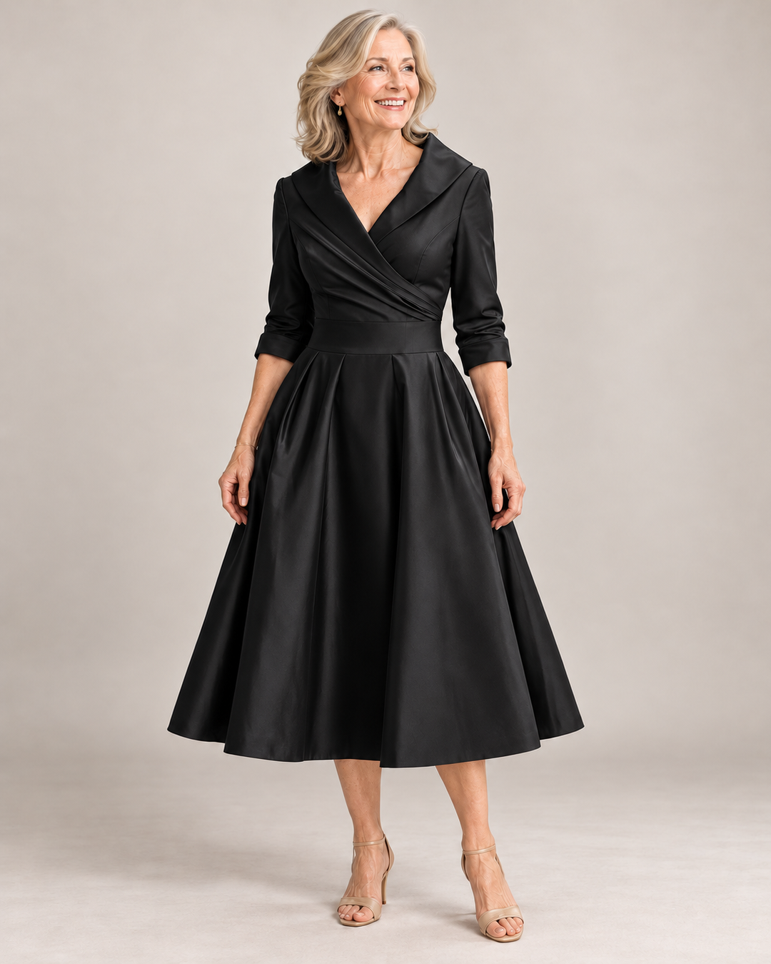 Karen Elegant Satin Dress in Black – full-length studio photograph