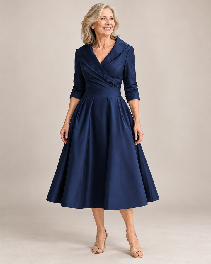 Karen Elegant Satin Dress in Blue – full-length studio photograph