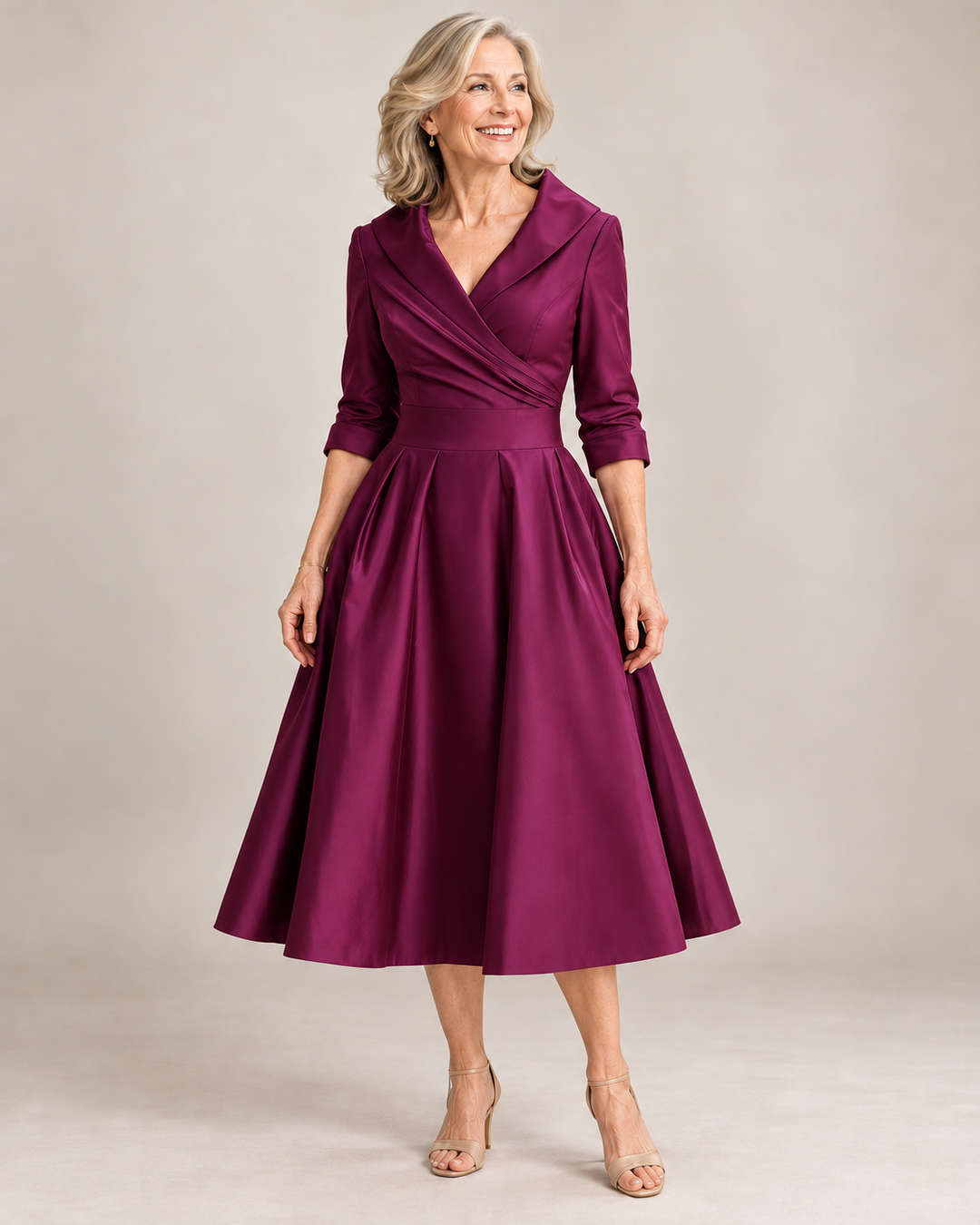 Karen Elegant Satin Dress in Burgundy – full-length studio photograph