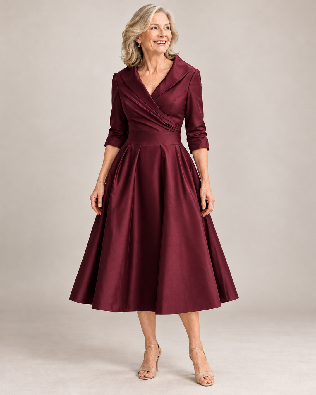 Karen Elegant Satin Dress in Red – full-length studio photograph