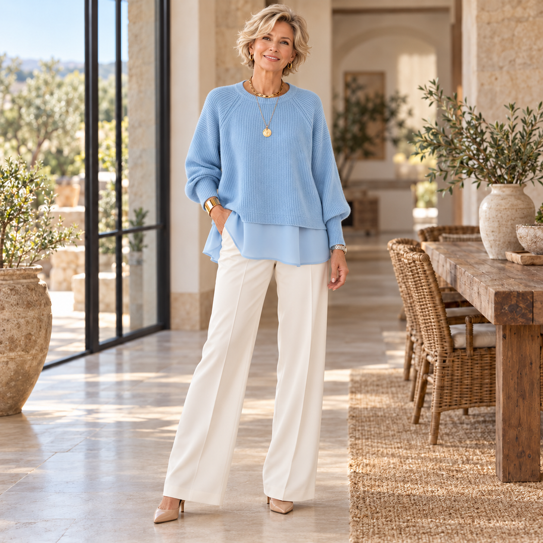 Kestlyn™ | Layered-Look Sweater worn by a mature blonde woman in a sunlit Mediterranean home