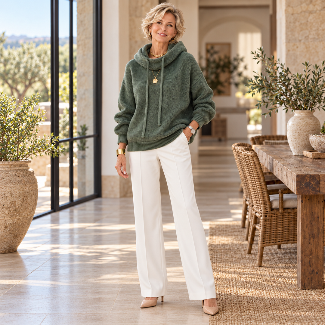 Lia - Sophisticated high-neck sweater for a chic look worn by a mature blonde woman in a Mediterranean home