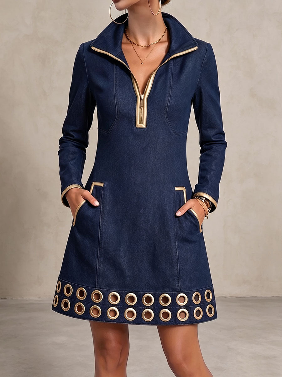 Inessa  |  Long-sleeved Casual Loose Denim Dress With Gold Trim And Metallic Eyelets