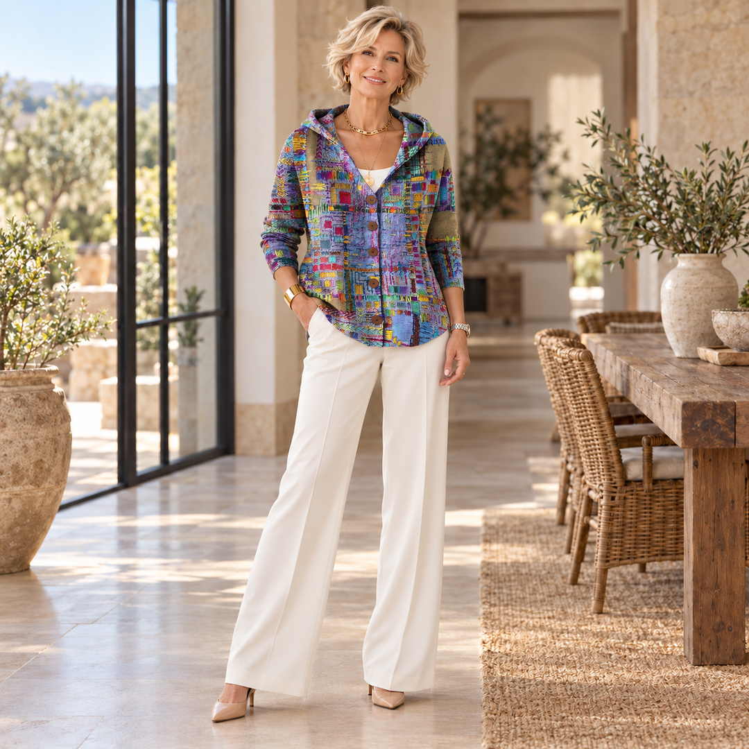 Patchouli™ | Artistic Cardigan worn by a mature blonde woman in a sunlit Mediterranean home
