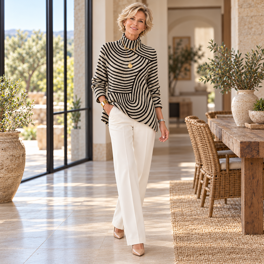 Sienna | Hand-Drawn Line Turtleneck Sweater worn by a mature blonde woman in a Mediterranean home