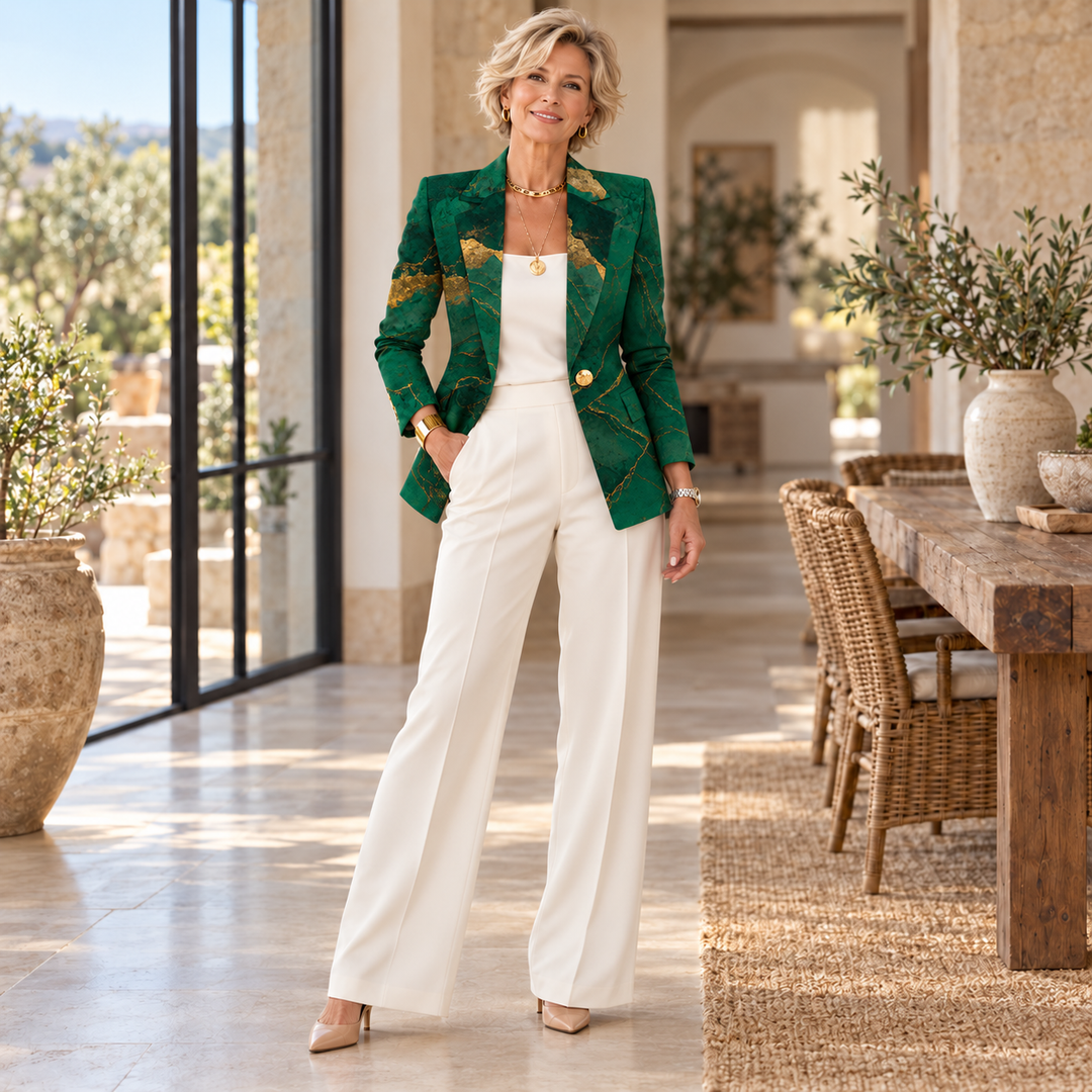The Benedetta Marble Blazer worn by a mature blonde woman in a sunlit Mediterranean interior