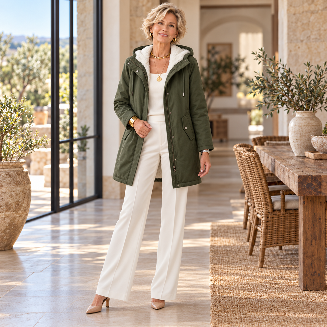The Hilde Hooded Coat worn by a mature blonde woman in a Mediterranean home