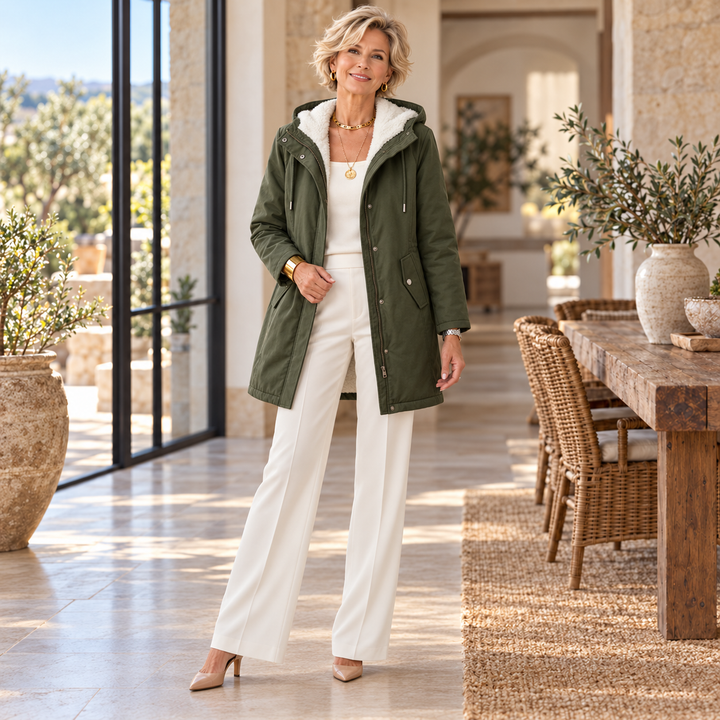 The Hilde Hooded Coat worn by a mature blonde woman in a Mediterranean home