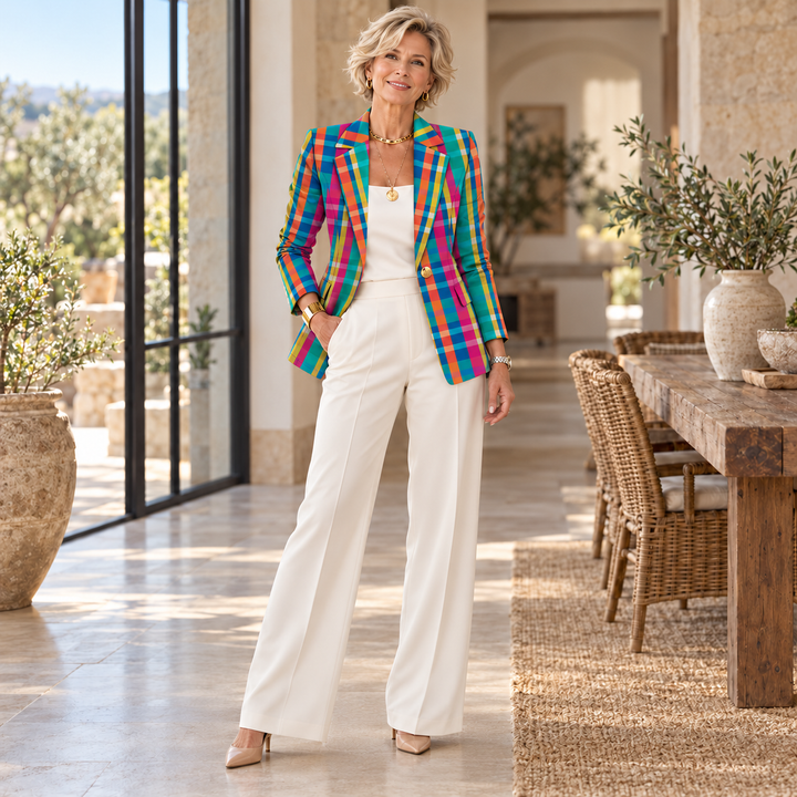 The Tiziana Madras Blazer worn by a mature blonde woman in a sunlit Mediterranean interior